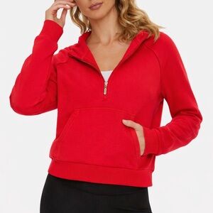 Womens Red Half Zip Hoodie Pullover Kangaroo Pocket Size M
